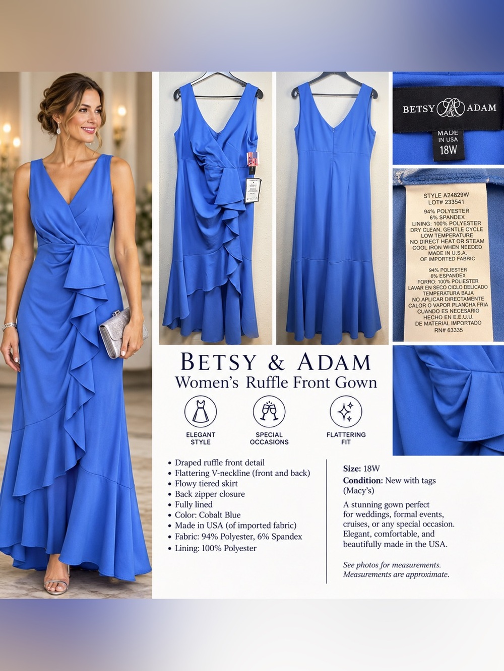 Betsy & Adam Cobalt Blue Ruffle Front Formal Maxi Gown Draped V Neck